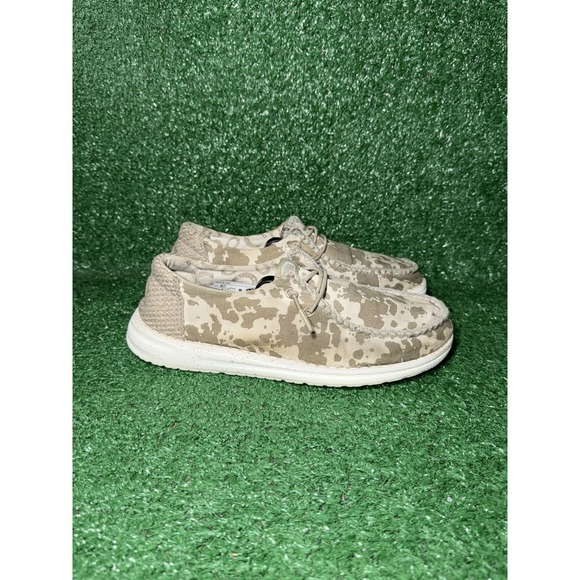Hey Dude Shoes - Hey Dude Wendy Womens Size 7 Cow Print Beige White Hippie Comfort Slip On Shoes